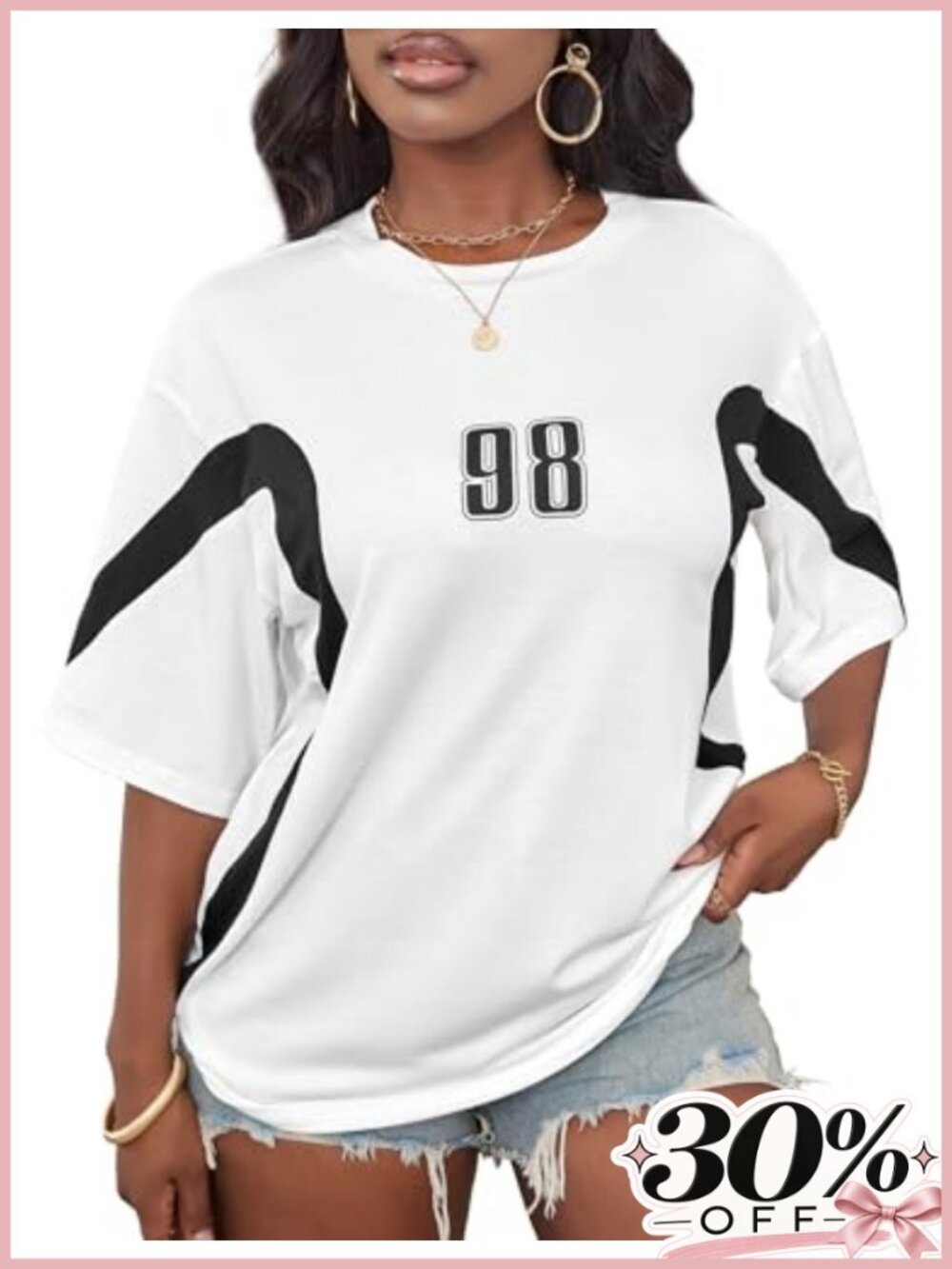 Oversized Color Block Graphic Tee with Number Print - Soft Stretchy Cotton Blend